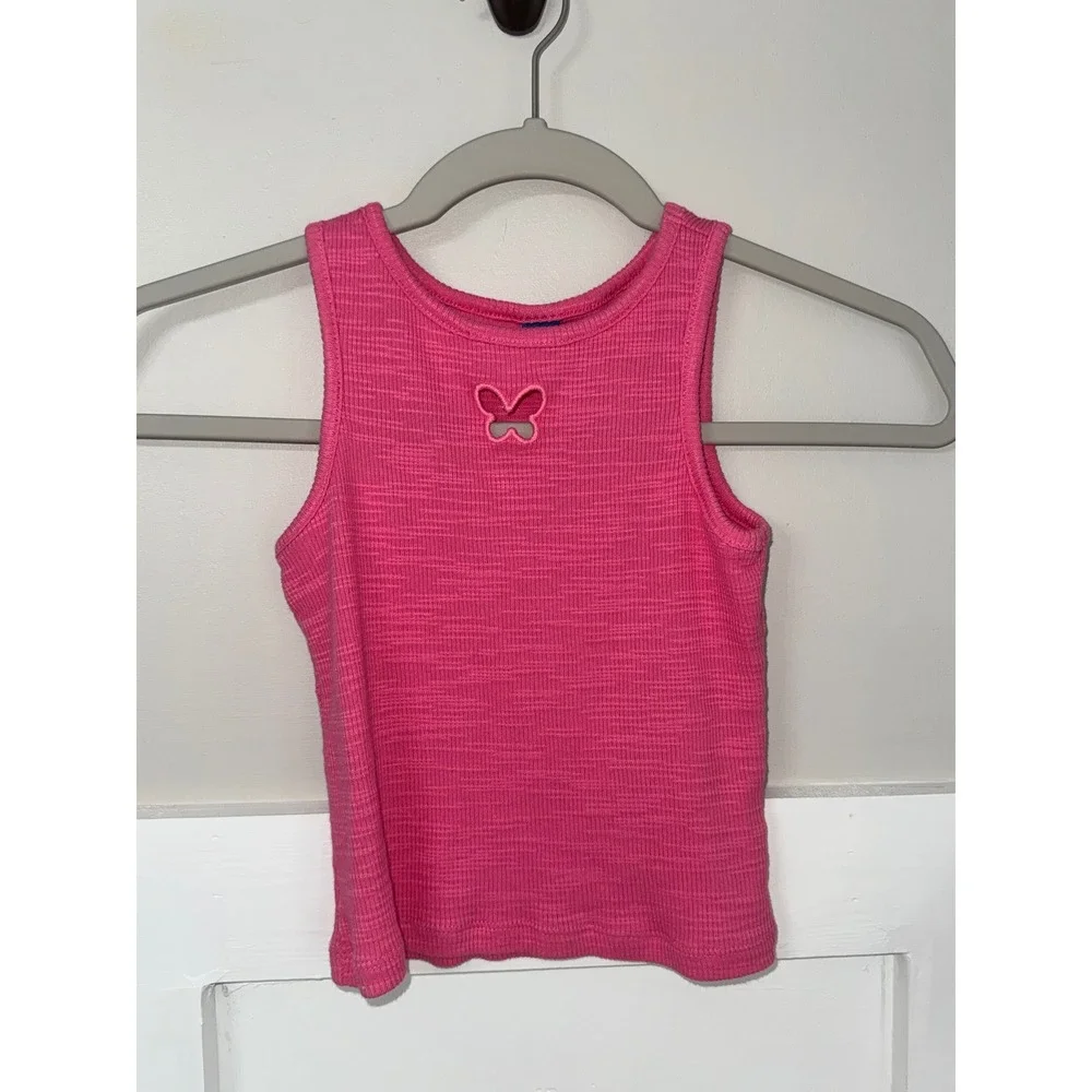 Old Navy Girls Pink Ribbed Butterfly Cutout Tank Top Size S 6-7 Sleeveless